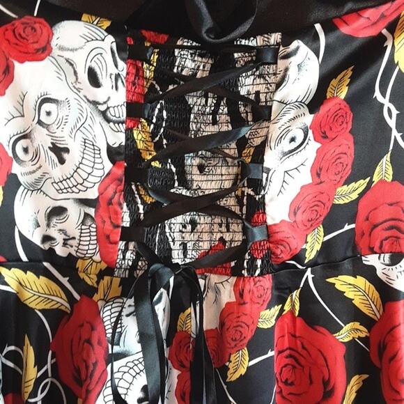 Dress Tells NEW Whimsigoth Skulls Roses Lace Corset Bow Back Halter Swing Dress - Picture 7 of 9
